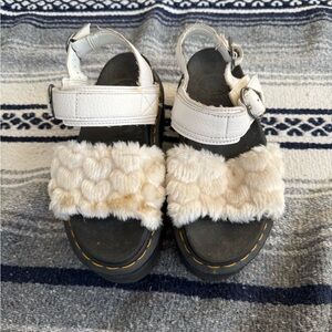 Dr. Martens Voss Quad Fluffy Faux Fur platform sandals in white size 6